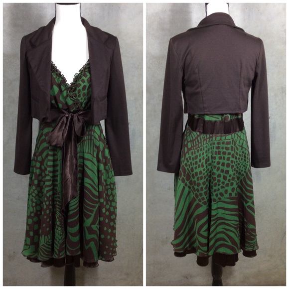 🍒 2PC ANIMAL PRINT MIDI CHIFFON DRESS COAT BLAZER BUNDLE SET RUFFLE FLARE - Picture 7 of 7